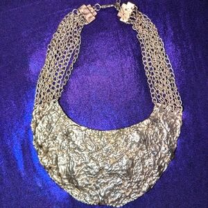 Brutalist Bib Necklace Gold tone textured Bib necklace with multi strand chain